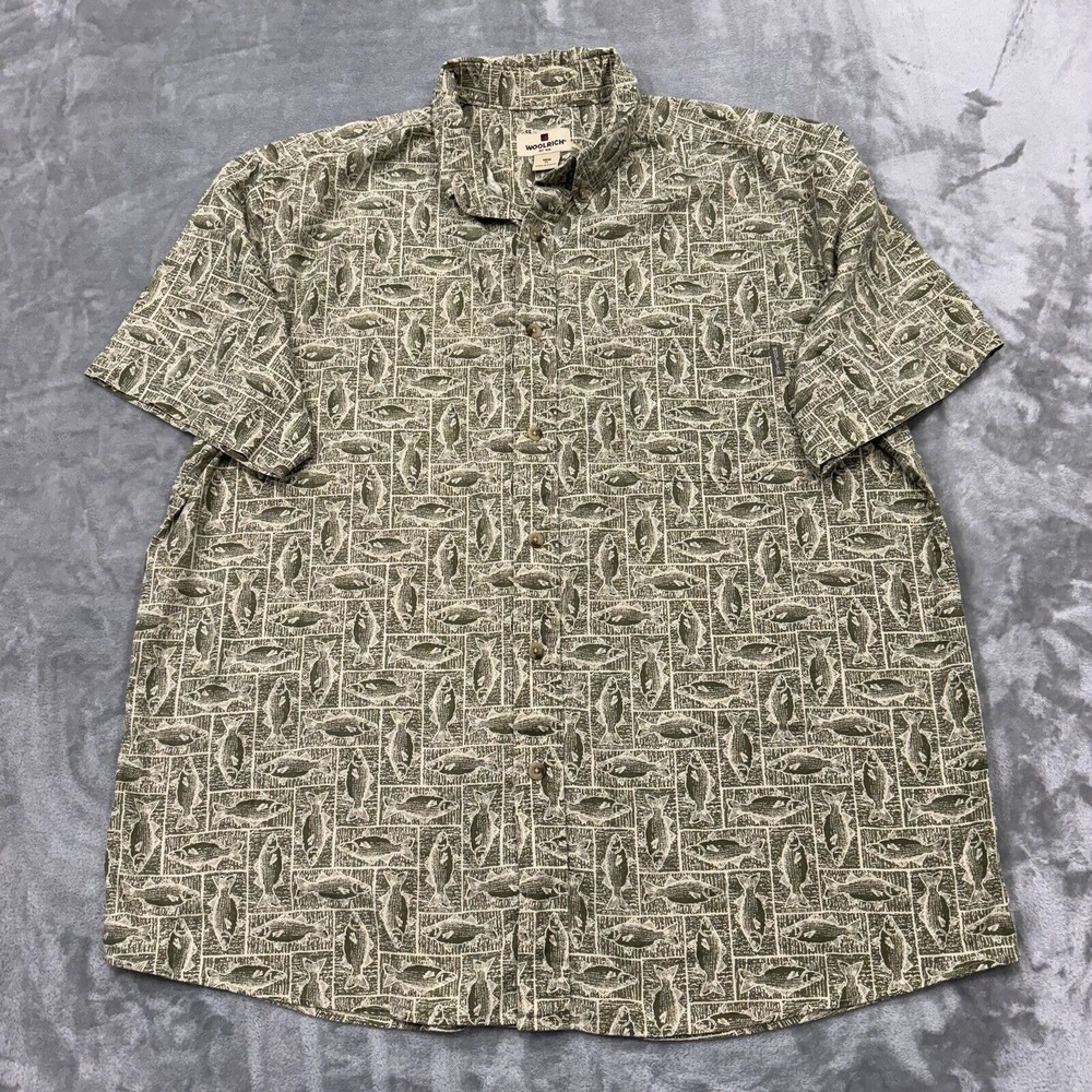 Woolrich Shirt Mens XL‎ Green Fish Short Sleeve Button Down Pocket Outdoor Work